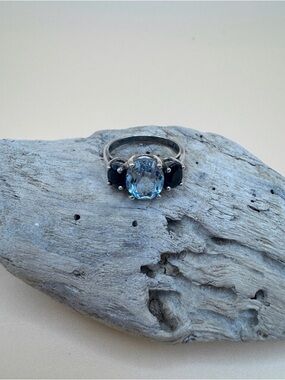 Sterling Silver Aquamarine and Dark Blue Sapphire Stone Three- Ring SIZE US 7